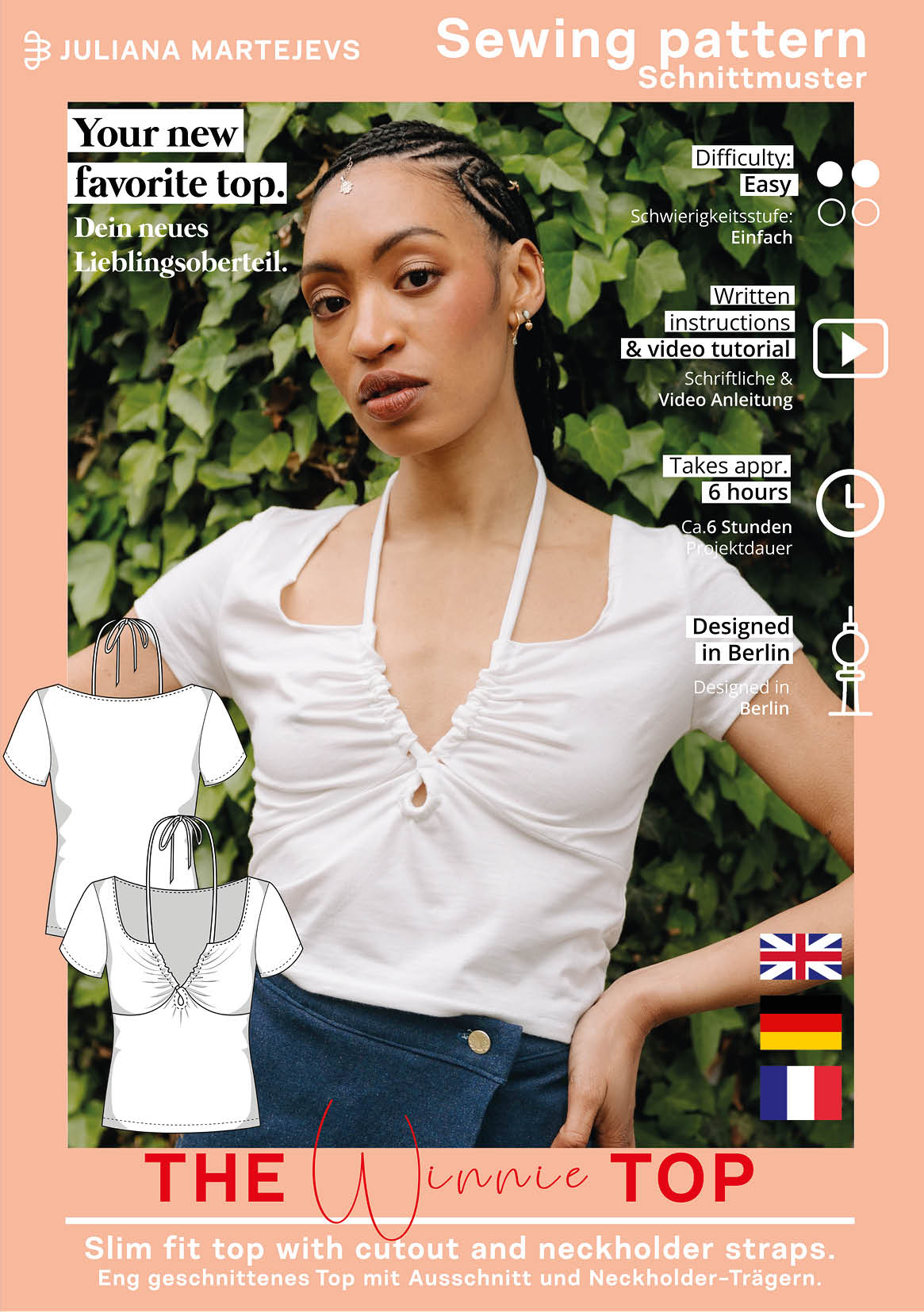 Halterneck top sewing pattern Winnie e-book cover with peach frame