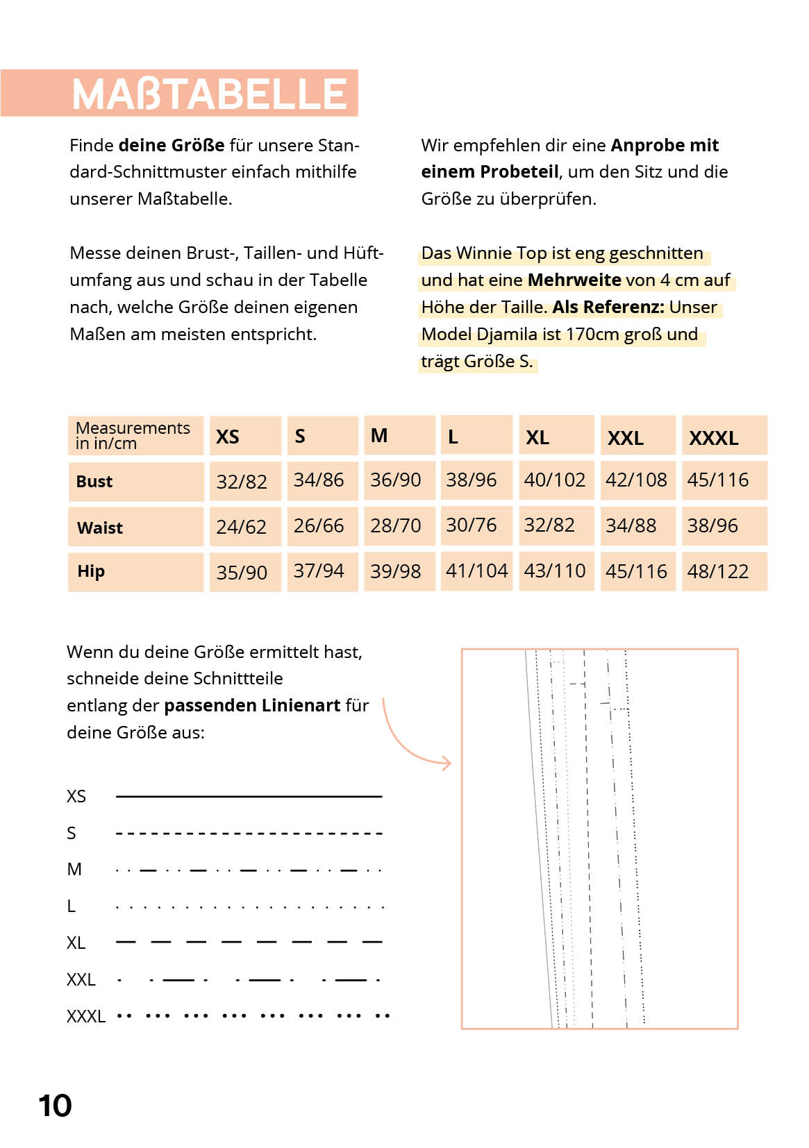 Size chart for the Winnie halterneck top sewing pattern in XS to XXXL